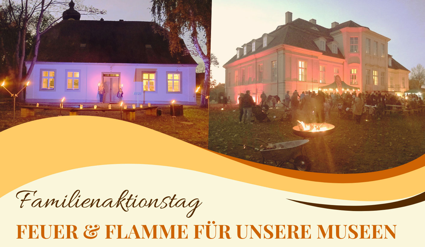 Header mit beleuchtetem Schloss und Schulhaus Reckahn